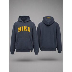 Vintage Nike Spellout Hoodie Mens XXL Navy Blue Yellow Swoosh Logo Sweatshirt